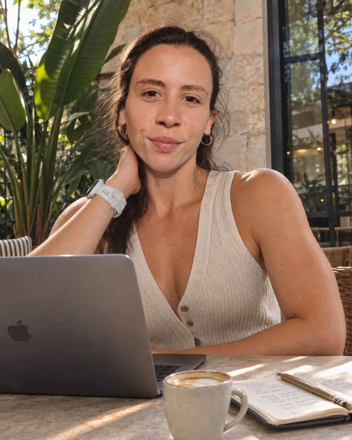 Erica Ferrari Trecate working at a table with her laptop and notebook.
