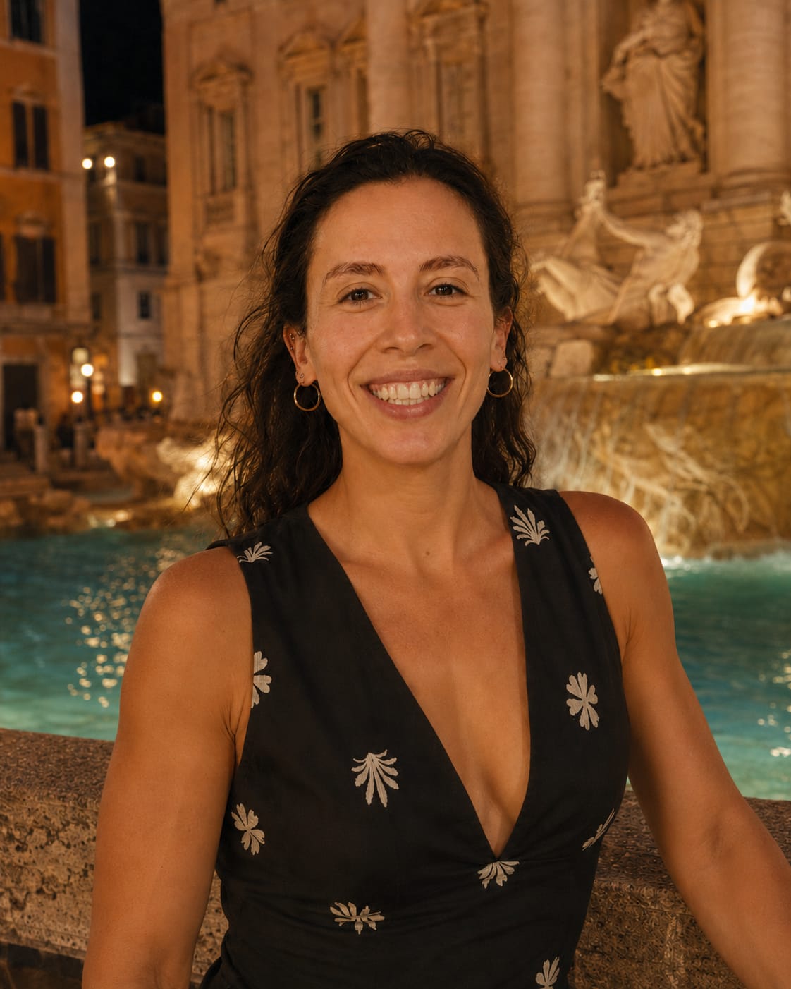 Erica Ferrari Trecate smiling by the Trevi Fountain in Rome at night.